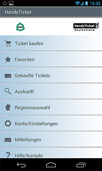 Übersicht und Navigation der App Handy-Ticket auf einem Android Smartphone.