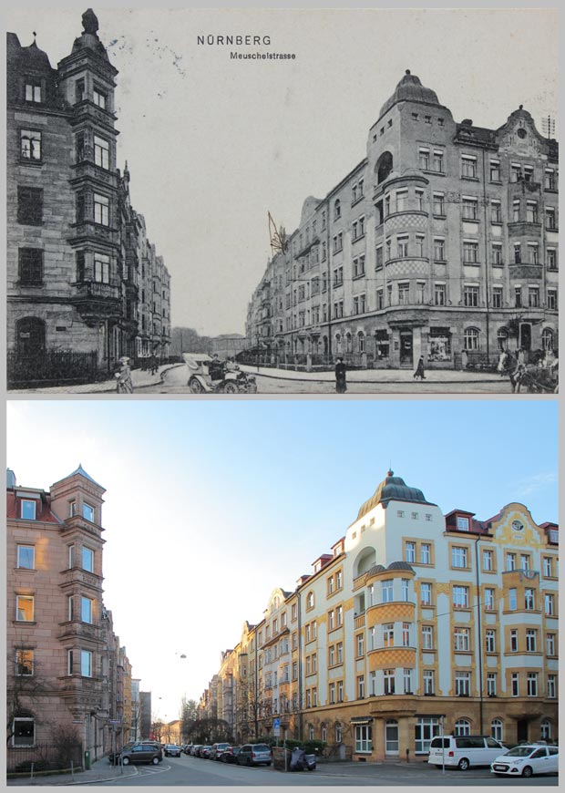 Die Kreuzung Kreling- und Meuschelstraße 1906 und 2016