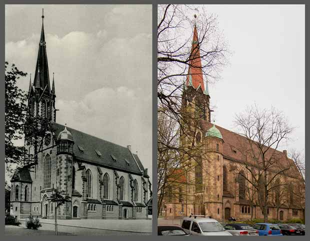 Die Dreieinigkeitskirche, aufgenommen zwischen 1905 und 1945 beziehungsweise 2016