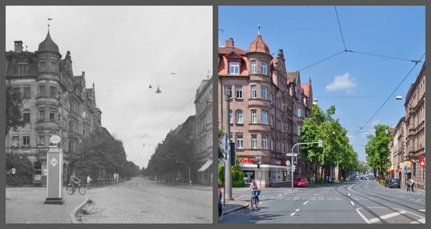 Die Ecke Bucher und Rieterstraße, aufgenommen zwischen 1936 und 1945 beziehungsweise 2016