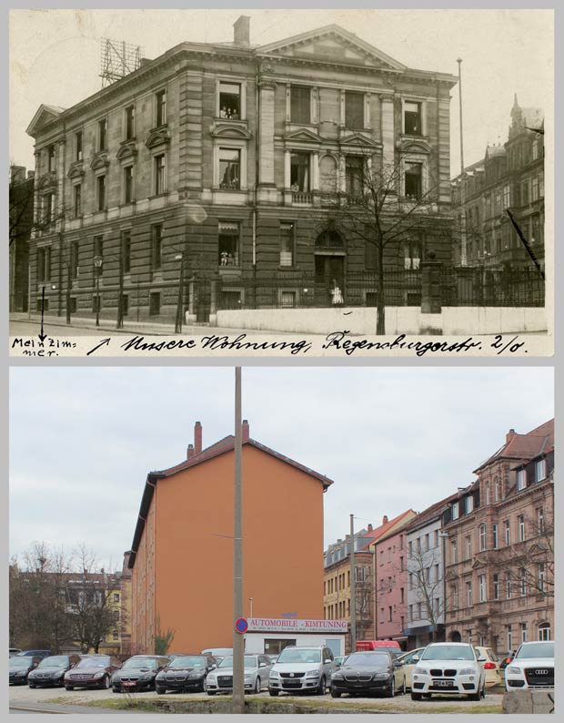 Das Grundstück Regensburger Straße 2, zwischen 1905 und 1912 und 2016