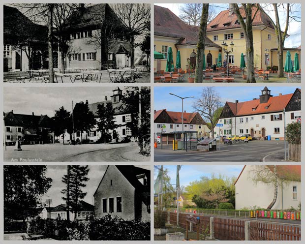 Siedlungsgaststätte, Platz Am Paulusstein und Schulhaus in Buchenbühl, zwischen 1935 und 1945 und 2016.