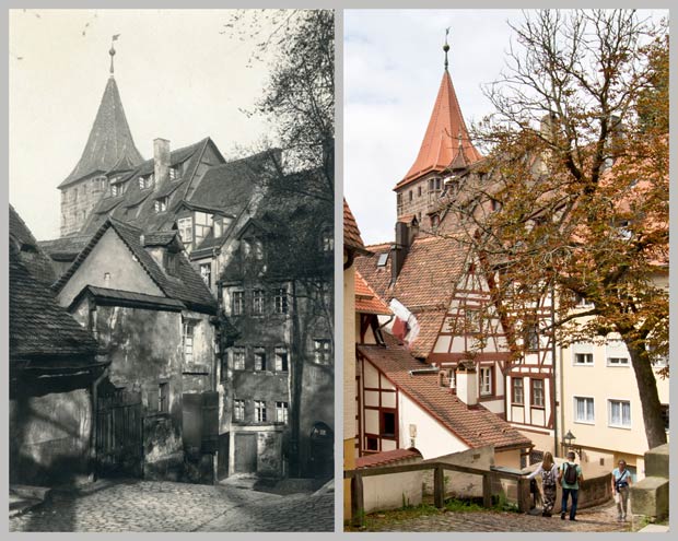 Blick von der Straße Am Ölberg auf Tiergärtnertorturm und Pilatushaus, zwischen 1905 und 1945 und 2016