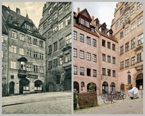 Das Haus Burgstraße 13, später Nr. 11, und das Fembohaus, zwischen 1913 und 1926 und 2016.