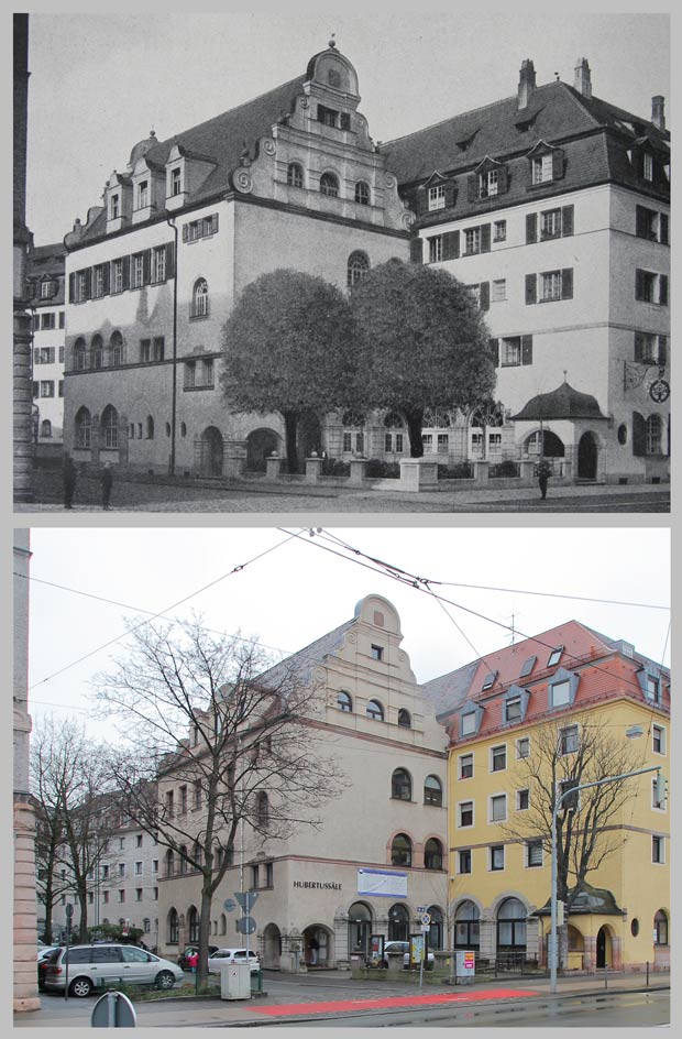Der Hubertussaal, von der Dianastraße aus gesehen, 1918 und 2016.