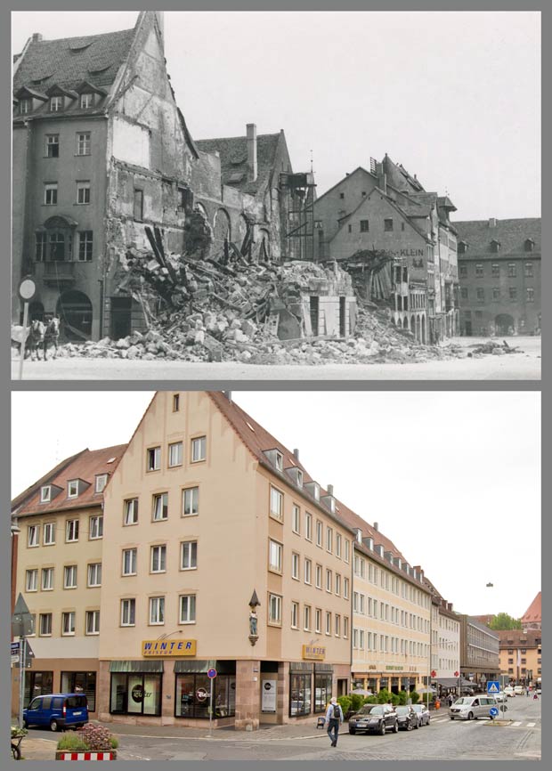 Die Kreuzung Tucherstraße und Obstmarkt mit Blick zum Heilig-Geist-Spital, 1943 und 2016.