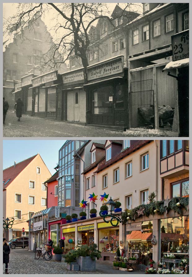 Die Häuser Trödelmarkt 3 bis 23, aufgenommen zwischen 1912 und 1945 und 2016
