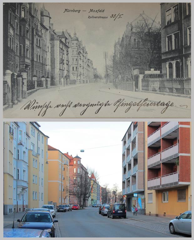 Die Rollnerstraße, von Haus Nr. 37 aus gegen Norden gesehen, 1905 und 2016.