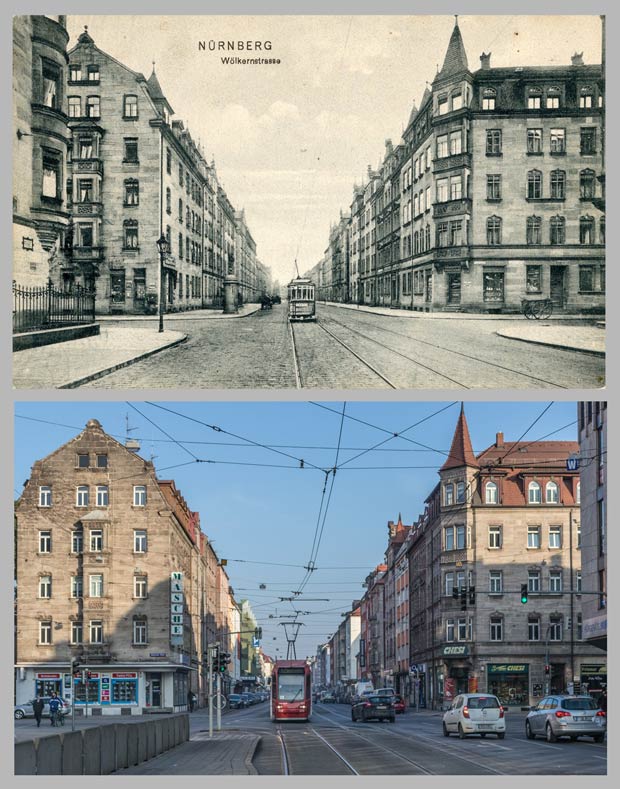 Die Wölckernstraße, von der Kreuzung Pillenreuther Straße gegen Osten gesehen, aufgenommen 1908 und 2017.