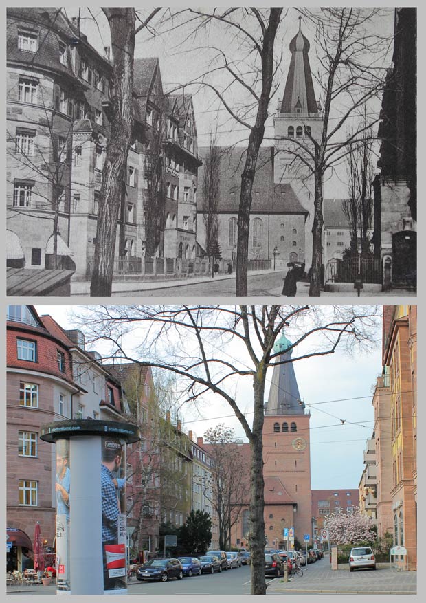 Ausblick von der Johannisstraße zum Palmplatz, aufgenommen zwischen 1928 und 1932 und 2016.
