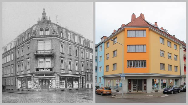Das Eckhaus Werderstraße 1, aufgenommen 1930 und 2016.