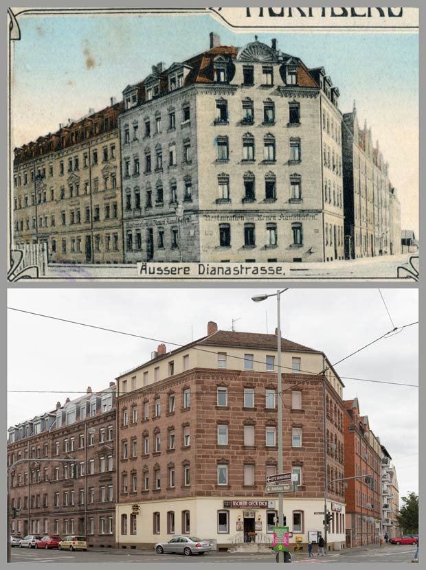 Vertrauter Ausblick von der Straba – das Eckhaus Dianastraße 43, aufgenommen zwischen 1905 und 1917 und 2017.