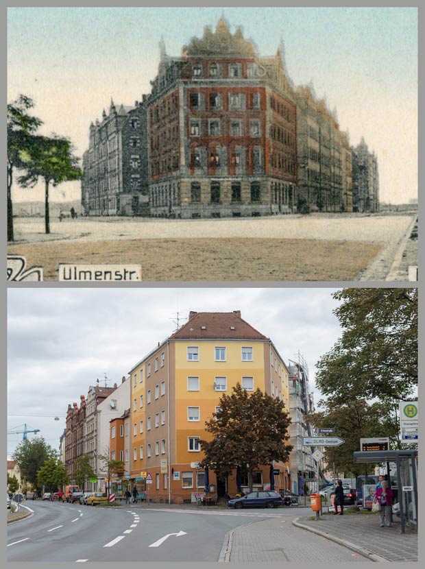 Das Stirnhaus Erlenstraße 1, aufgenommen zwischen 1905 und 1917 und 2017.