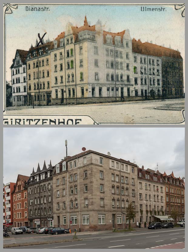 Das Eckhaus Ulmenstraße 1 und seine Nachbarn, aufgenommen zwischen 1905 und 1917 und 2017.