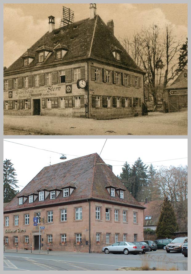 Das Gasthaus zum „Goldenen Stern“, aufgenommen zwischen 1925 und 1933 und 2016.