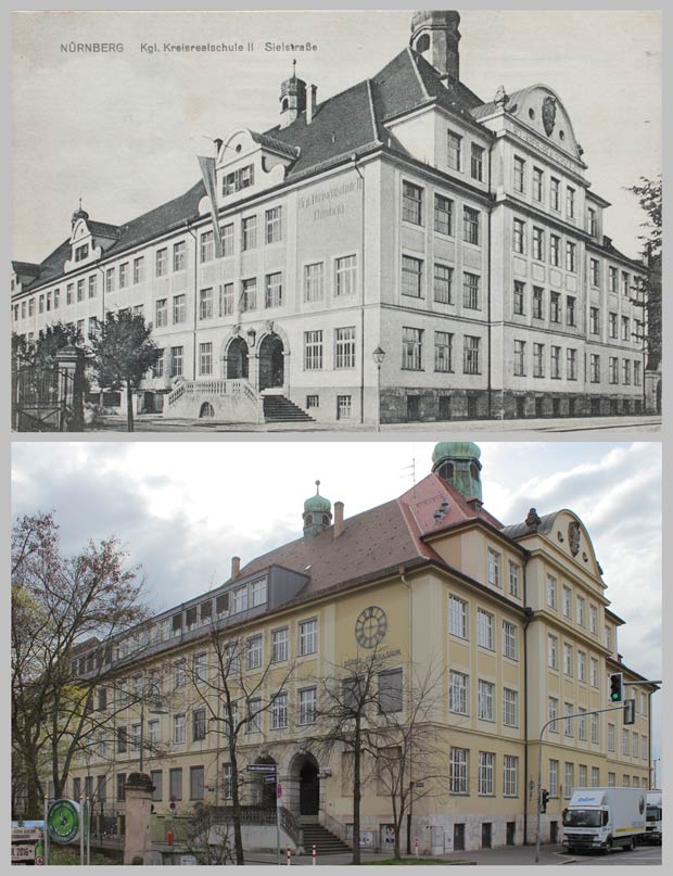 Das Dürer-Gymnasium, von der Reutersbrunnenstraße aus gesehen, aufgenommen zwischen 1912 und 1917 und 2016.