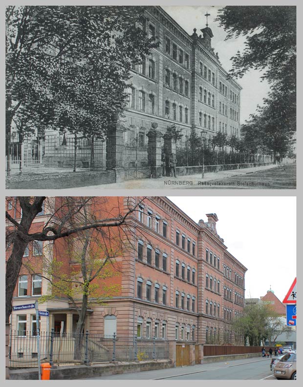 Die Sielschule, von der Bärenschanzstraße aus gesehen, aufgenommen zwischen 1905 und 1945 und 2016.