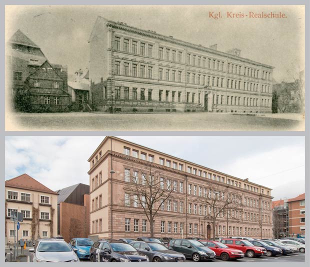 Das platzprägende Gebäude Bauhof 5, aufgenommen zwischen 1885 und 1898 und 2017.