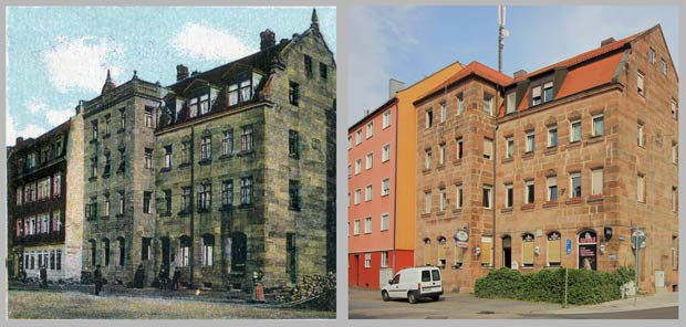 Das Eckhaus Sandreuthstraße 36, aufgenommen zwischen 1906 und 1912 und 2016.