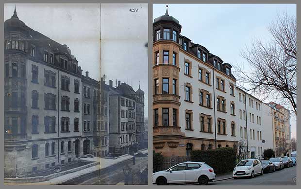 Die Häuser Blumenthalstraße 8, 6, 4 und 2, aufgenommen 1915 und 2015.