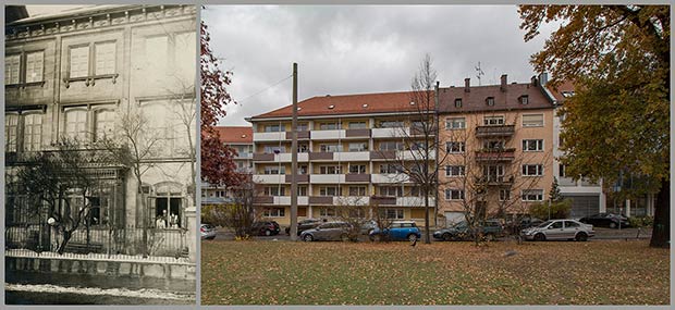 Das Haus Spittlertorgraben 35, aufgenommen 1913, und die Wohnanlage Spittlertorgraben 31 bis 35, aufgenommen 2018.