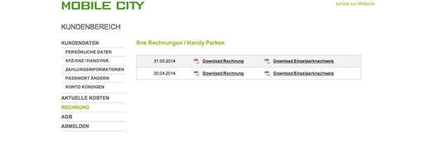 Screenshot Mobile City Rechnungen
