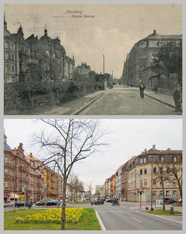 Die Fürther Straße an der Kreuzung Will- und Kernstraße, zwischen 1905 und 1910 und 2016