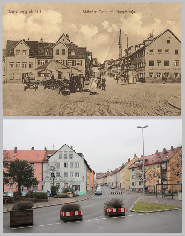 Die Wöhrder Hauptstraße an der Kreuzung Wassertorstraße, 1905 und 2016