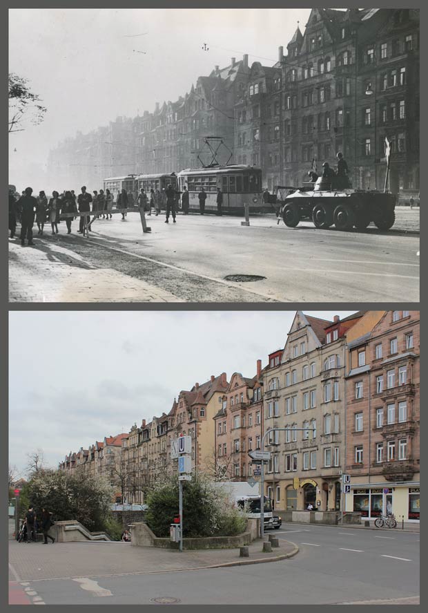 Die Fürther Straße im Bereich der Häuser Nummer 81 bis 95, 1946 und 2016.