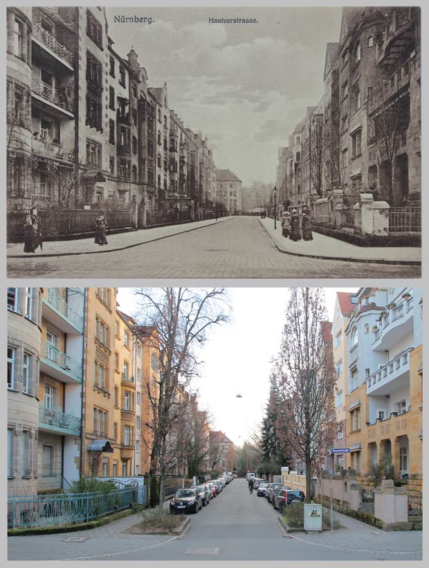 Blick in die Hastverstraße nach Süden zur Pirckheimerstraße, zwischen 1910 und 1916 und 2016