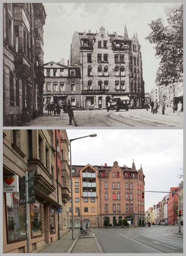 Die Kreuzung Kirchenweg, Johannis- und Brückenstraße, zwischen 1906 und 1945 und 2016.