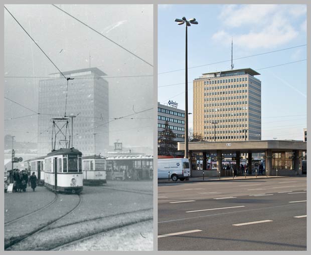 Das Plärrerhochhaus, vom Plärrer aus gesehen, 1956 und 2016.