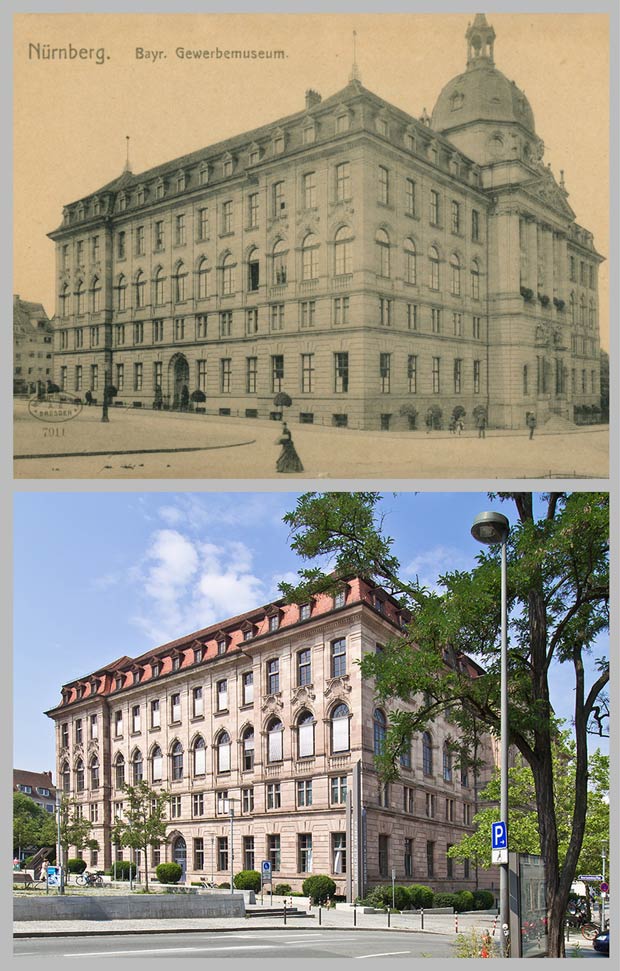 Das Gewerbemuseum vom Marientorgraben aus gesehen, aufgenommen zwischen 1905 und 1920 und 2016.