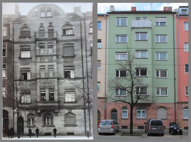 Die Straßenfassade des Hauses Wodanstraße 17, aufgenommen 1908 und 2015.