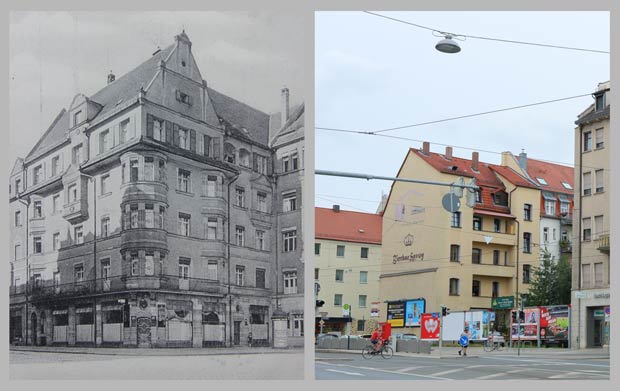 Die Südwestflanke des Celtisplatzes, aufgenommen 1920 und 2016.