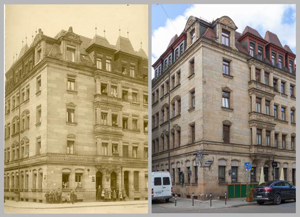 Das Eckhaus Paumgartnerstraße 22, aufgenommen 1907 und 2016.