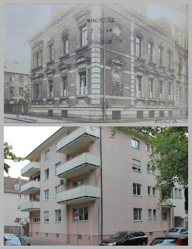 Das Eckhaus Reindelstraße 10, aufgenommen 1910 und 2016.