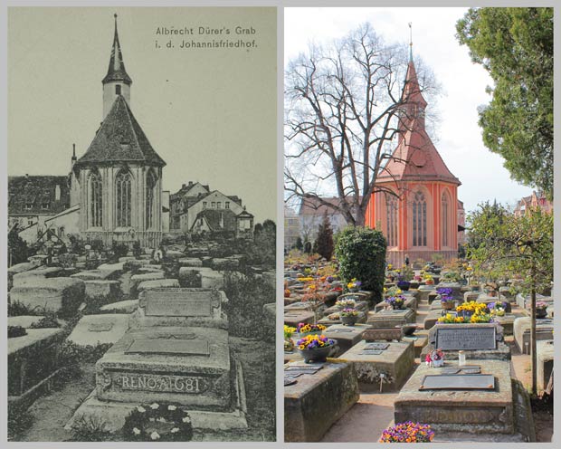 Seit über einem Jahrhundert kaum verändert – Albrecht Dürers Grabmal und die Johanniskirche, aufgenommen 1905 und 2016.