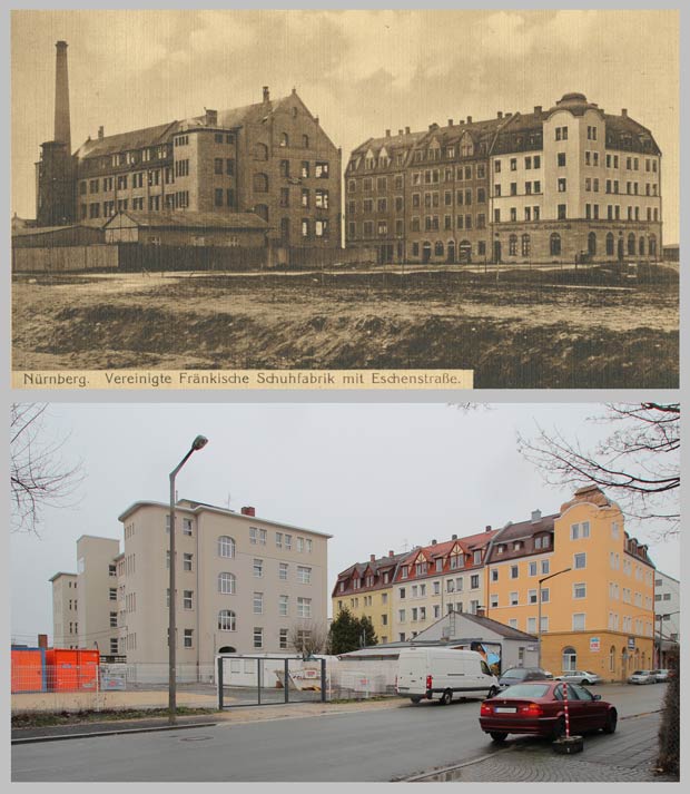 Die Kreuzung Eschen- und Ulmenstraße, aufgenommen 1920 und 2016.