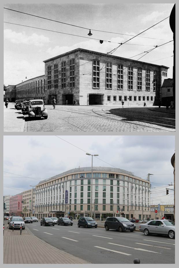 Das neue Paketpostamt am Allersberger Tunnel 1939 und das 2013 an seiner Stelle errichtete Novotel Centre Ville.