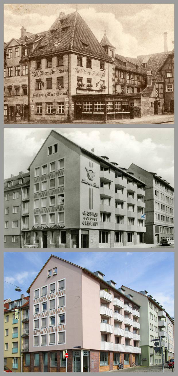 Dreimal „Goldner Elefant“, aufgenommen zwischen 1928 und 1945, zwischen 1957 und 1970 und 2017.