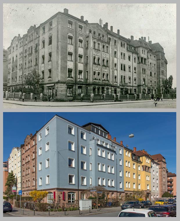 Die Kreuzung Schoppershof- und Ludwig-Feuerbach-Straße, aufgenommen zwischen 1906 und 1930 und 2017.