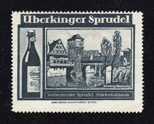 Sprudel, Weinstadel, Wasserturm und Henkerhaus auf einer Reklamemarke der Firma Überkinger, gedruckt zwischen 1903 und 1914.