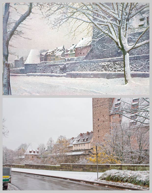 Vestnertorgraben und -mauer, aufgenommen zwischen 1905 und 1927 und 2017.