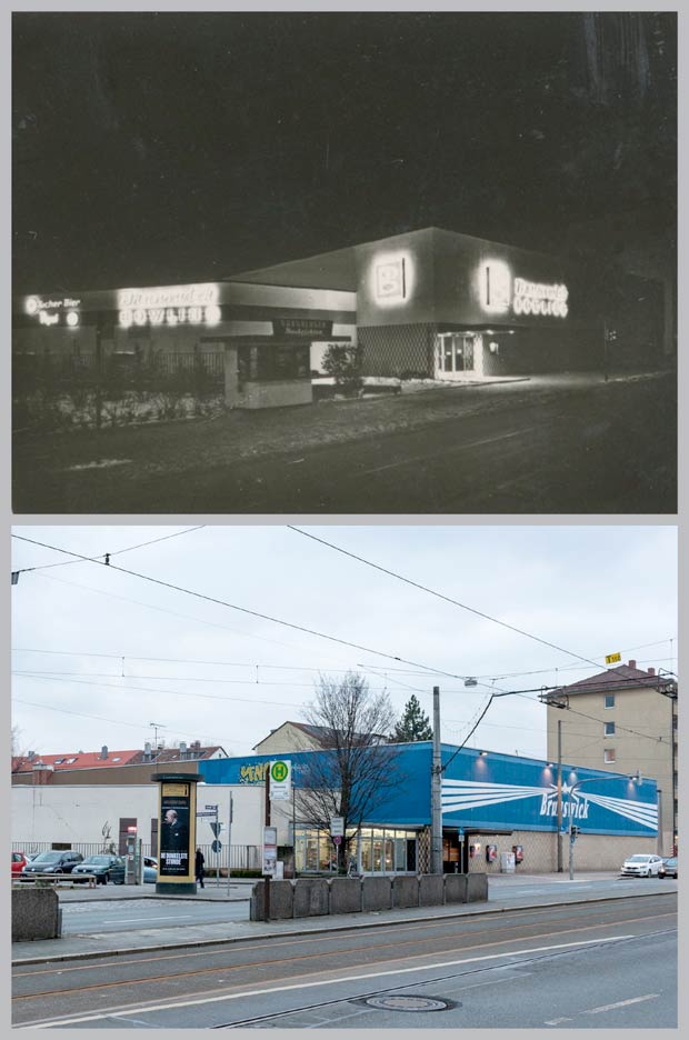 Das Brunswick-Bowling-Center in der Bayreuther Straße 18-20, aufgenommen 1963 und 2018.