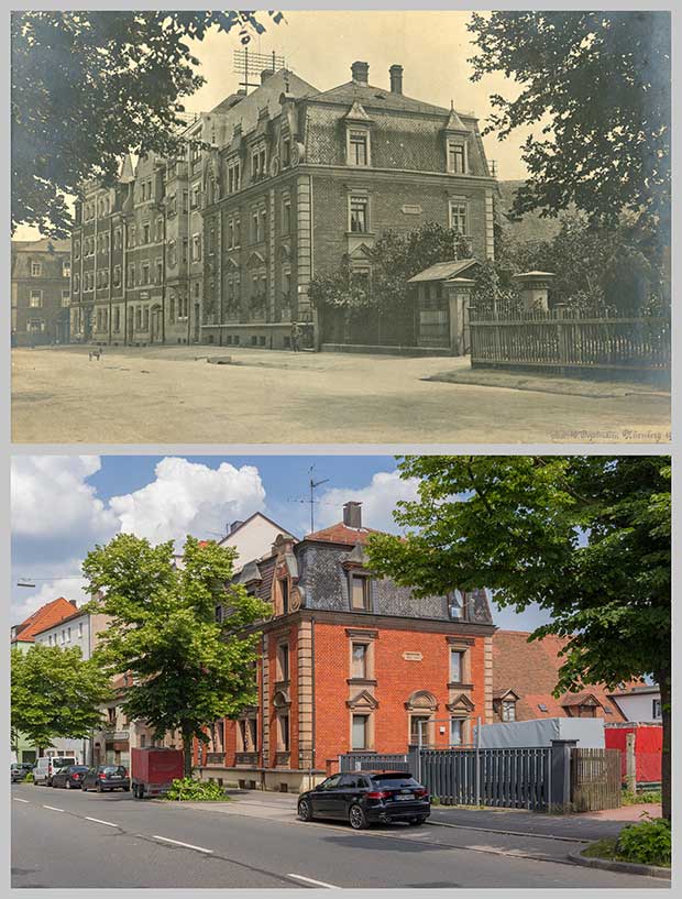 Die Häuser Schweinauer Hauptstraße 67 bis 71, aufgenommen 1913 und 2018.