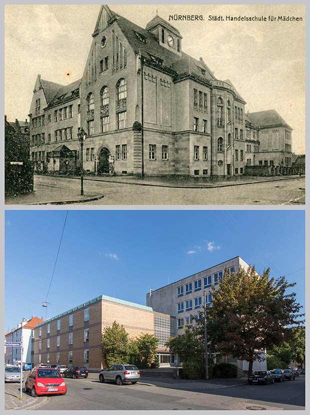 Das Schulhaus in der Nunnenbeckstraße 40, aufgenommen zwischen 1913 und 1925 und 2018 von der Kreuzung Merkelsgasse.