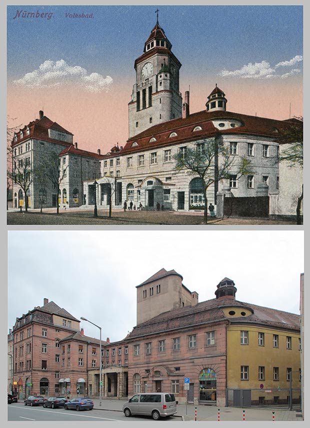 Das Volksbad in der Rothenburger Straße 10, aufgenommen 1918 und 2014.