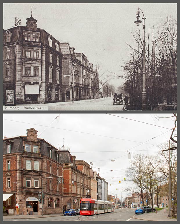 Die Einmündung der Jagd- in die Bucher Straße, aufgenommen 1915 und 2015.