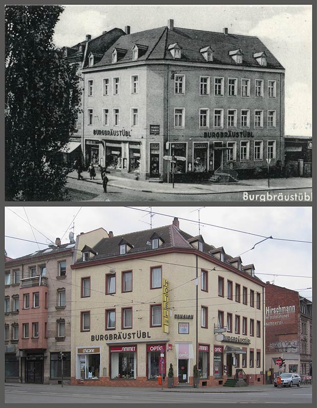 Das Eckhaus Jagdstraße 1, aufgenommen zwischen 1950 und 1957 und 2014.